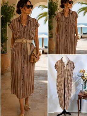 Momonì Colorado Shimmer Stripe Lurex Stretch Button Front Shirt Dress Sz 40/8🧡
